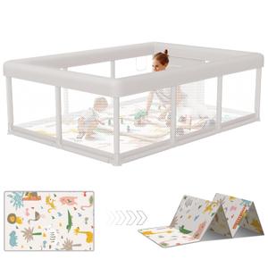 Hiaksedt Large Baby Playpen 74x50 in PlayPen for Babies and Toddlers | Play Yards for Indoor & Outdoor with Zipper Gates, Breathable Mesh with Mat,Grey with mat