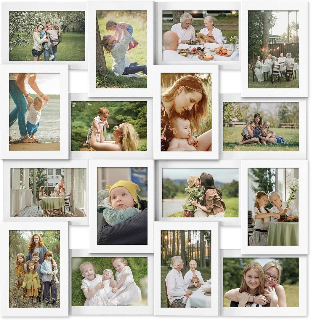 J.M.Deco Collage Picture Frames for Wall 16 Opening, Large Photo Frame Collage Wall Hanging for 4x6 Photo, Reunion Friends Family Memory, Christmas Gift -Pure White