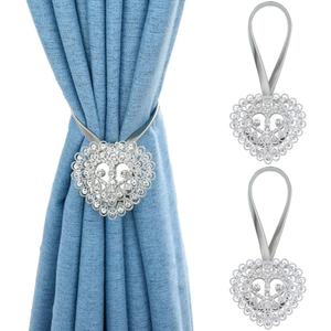 Mikomer 2PCS Magnetic Curtain Tiebacks Crystal Heart Shape Window Curtain Holdbacks Buckles Tie Backs Holders with Stretchable Wire Rope for Home and Office Decoration,Silver