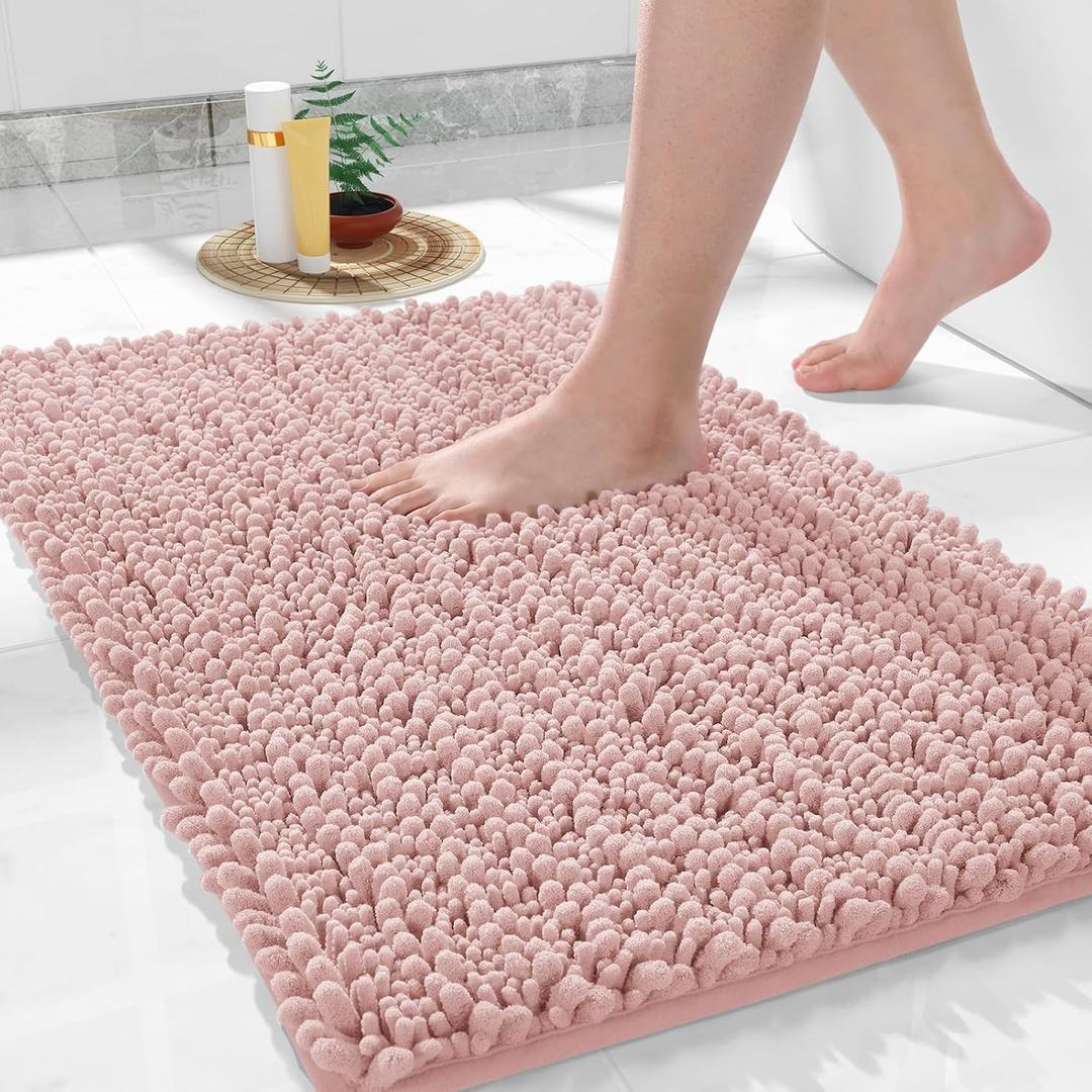 Bathroom Rugs Non Slip Washable - Ultra Soft Absorbent Chenille Bath Mat, Quick Dry Shaggy Floor Carpet for Tub Shower, Light Pink Home Decor Accessories