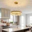Modern LED Crystal Chandelier, 23" Dimmable Gold Chandelier Light Fixture, 3 Color Changing Pendant Light for Dining Room, Kitchen Island, Living Room, Foyer Crystal Light, 22.8 Inches , Up to 55 Inches
