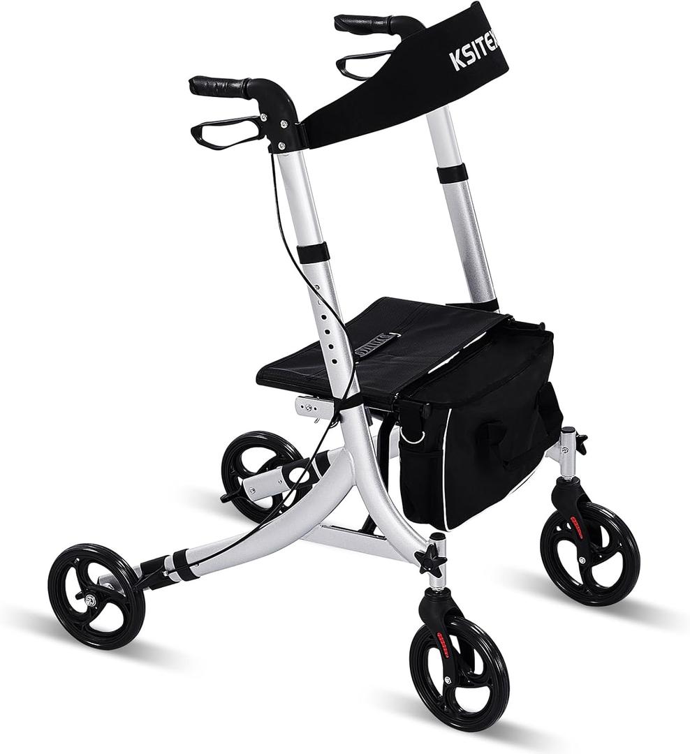 Rollator Walkers for Seniors,Rolling Walker with Backrest 300lbs, Folding Walking Aid with Seat and Brakes, Aluminum Heavy-Duty Drive Walker with Adjustable Handles, 8" All-Terrian Big Wheels