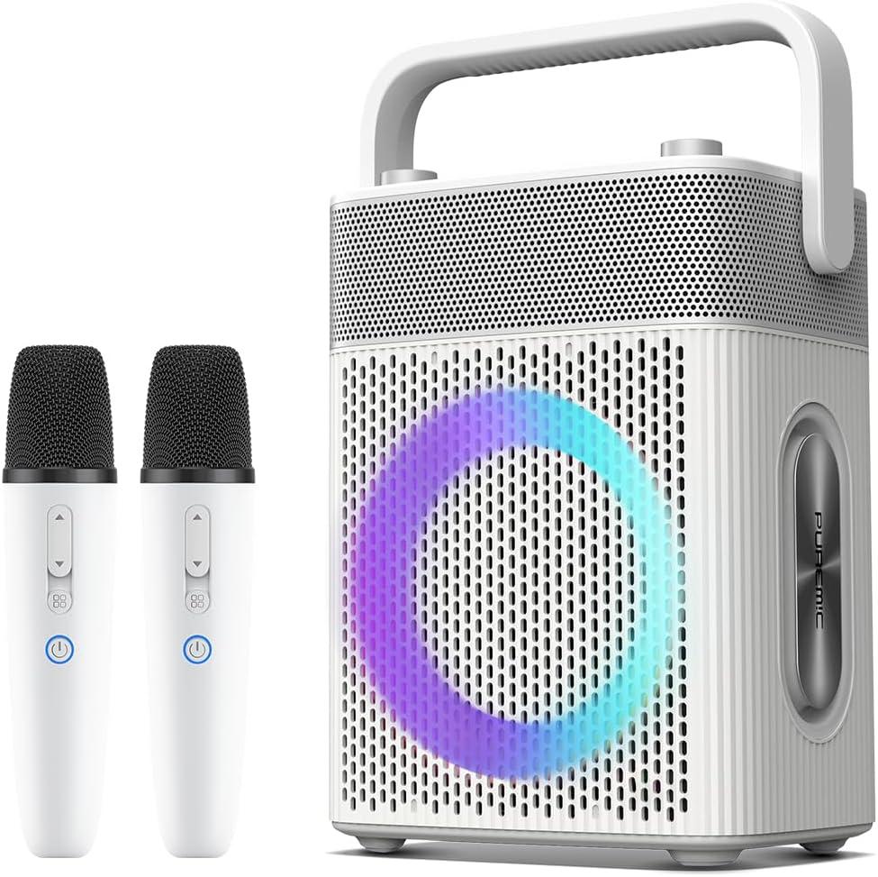 Karaoke Machine with 2 UHF Wireless Microphones with Leather Bag, IPX4 Waterproof Portable Bluetooth Speaker with Lights for Adults, Outdoor Karaoke Speaker Support Bluetooth/AUX/USB/PC (White)