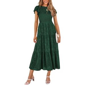 PRETTYGARDEN Midi Dresses for Women 2026 Summer Floral Cap Sleeve Smocked A Line Long Elegant Spring Wedding Guest Dress (XXL)