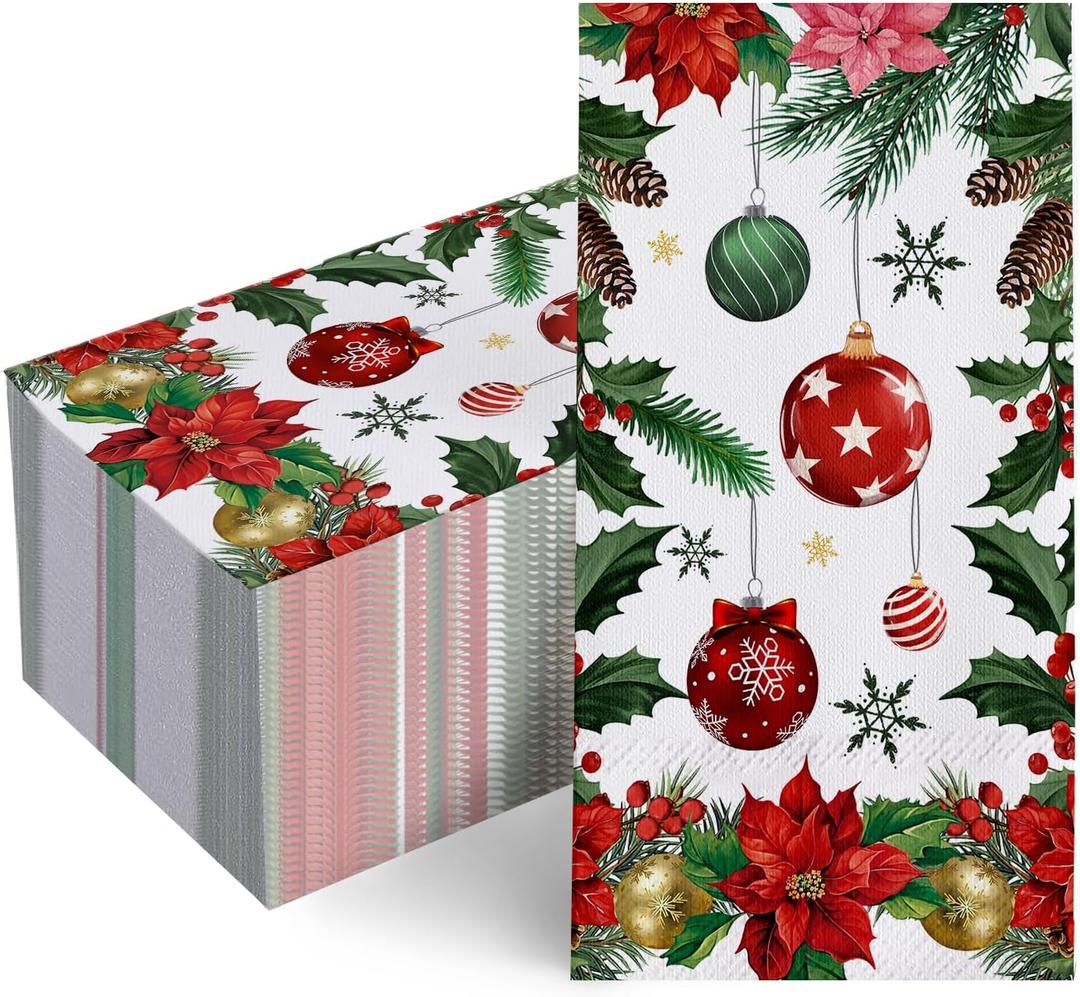 100 PCS Christmas Poinsettia Disposable Paper Napkins, Xmas Ball Pine Cone Bathroom Hand Towels Decorative Dinner Guest Napkin, Winter Holiday Kitchen Dinning Table Party Decor 8 x 4 Inches