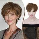 RUWISS Short Hair Toppers for Women Real Human Hair, 5x5.5 Base Pixie Cut with Bangs, Clip-In Curly Hair Pieces for Women, Medium Brown