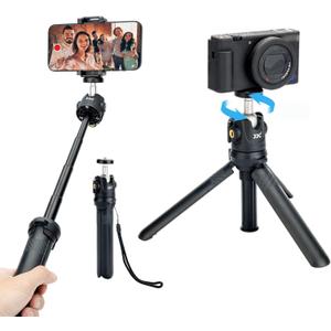JJC 2 in 1 Extendable Mini Vlogging Tripod & Selfie Stick for Sony ZV-E10 II ZVE10 ZV-1F ZV1F ZV-1 II ZV1 RX100 VII A6100 A6400, Canon PowerShot V1 SX740 HS G7X Mark III II EOS R100 R50 R10 & More (Black)