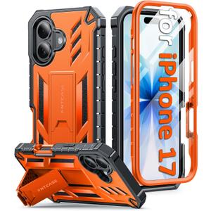 FNTCASE for iPhone 17 Phone Case: Military Grade Drop Proof Protection Mobile Cover with Kickstand | Matte Textured Rugged Shockproof TPU | Protective Sturdy Phone Case - 6.3 inch Orange