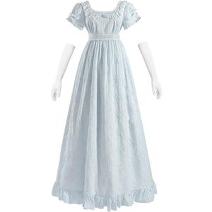 CR ROLECOS Regency Dresses Victorian Empire Waist Dress for Women Bridgerton Tea Party Puff Sleeve Costume Gown with Gloves (Small, Blue)