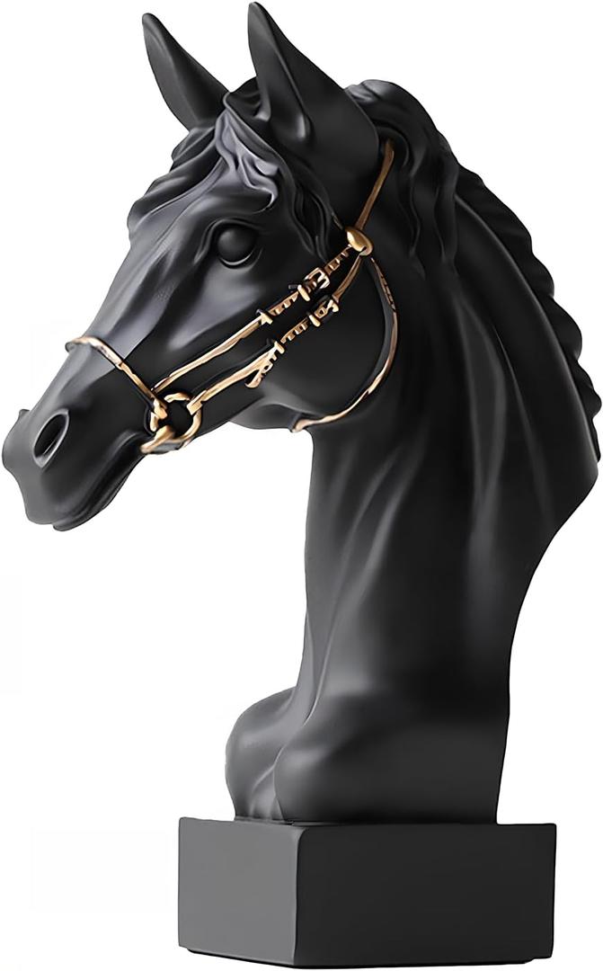 Horse Head Statue Resin Sculpture, Artistic Equestrian Home Decor Showpiece for Living Room Shelf Desk (Black Version)