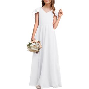 Kids Junior Bridesmaid Dresses Chiffon Flower Girl Dress for Teen Girl Long Party Pageant Gowns (13-14 Years, White)