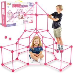 SpringFlower Fort Building Kit for Kids,STEM Construction Toys, Educational Gift for 4 5 6 7 8 9 10 11 12 Years Old Boys and Girls, Ultimate Creative Set for Indoor & Outdoors Activity, 200 Pcs, Pink