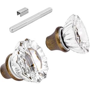 1 Pack Glass Door Knobs Interior Mortise Lock Replacement Set with Spindle, Vintage Crystal Door Knobs for Replacing Broken Old Antique Lock Sets on Interior Door, Antique Brass Finish