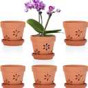 JUXYES Pack of 6 Small Terracotta Orchid Pots with Holes and Saucers, 4-Inch Clay Planter Pots for Indoor and Outdoor Use, Promotes Air Circulation