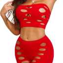 RSLOVE Sexy Fishnet Lingerie for Women - Sexy Nighty Cutout Lingerie Set Womens Mesh 2 Piece Babydoll See Through Outfits (One Size, Red)