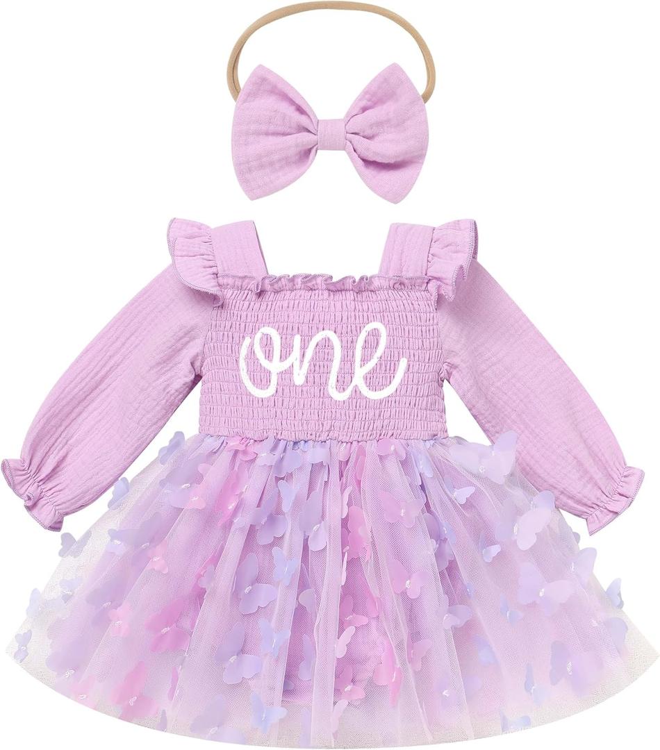 ODASDO Baby Girls First Birthday Outfit Sqaure Neck Ruffle Long Sleeve Tulle Tutu Romper Dress with Bow Headband (12-18 Months, Purple)