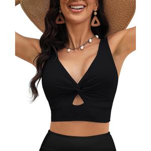 LookbookStore Tankini Tops for Women Cut Out Long Bikini Top Twist Knot Padded Adjustable Swimsuit Tops Only Resort Wear (Large, Black)