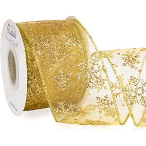 Ribbli Snowflake Glitter Wired Ribbon, Gold Organza Sheer with Gold Glitter Snowflake Pattern and Iridescent Metallic Edge,2-1/2 Inch x 10Yards Christmas Ribbon for Tree Decoration