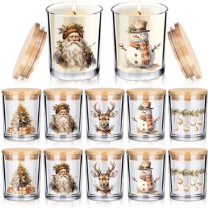 10 Pcs Vintage Brown Christmas Glass Candle Jars Empty Containers Bulk 7 oz Farmhouse Glass Jars with Cork Lids Tins for Xmas Holiday Candle Making Storing Biscuits Tea Party Favors