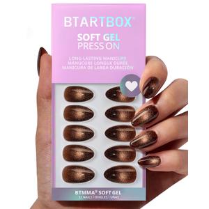 BTArtbox Press On Nails Short - Mocha Hypnotic, Almond Brown Spakly Cat Eye Press On Nails with Glue and Adhesive Tabs for Women, Soft Gel Glue On Nails in 16 Sizes - 32 Stick On Nails Kit