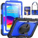 SEYMAC Case for iPad (A16) 11th/10th Generation 2025/2022 (11″/10.9″), Heavy Duty Full-Body Shockproof Protective Case with Screen Protector, Rotating Stand, Hand/Shoulder Strap, Black/Dark Blue
