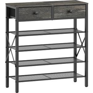 5 Tier Shoe Rack, Large Capacity Shoe Storage Organizer, Metal Shoe Shelf with Drawer and Wooden Top, for 20 Pairs of Shoes, for Entryway, Closet, Charcoal and Black SS25BCY1 (27.7" x 10.8" x 37.7")