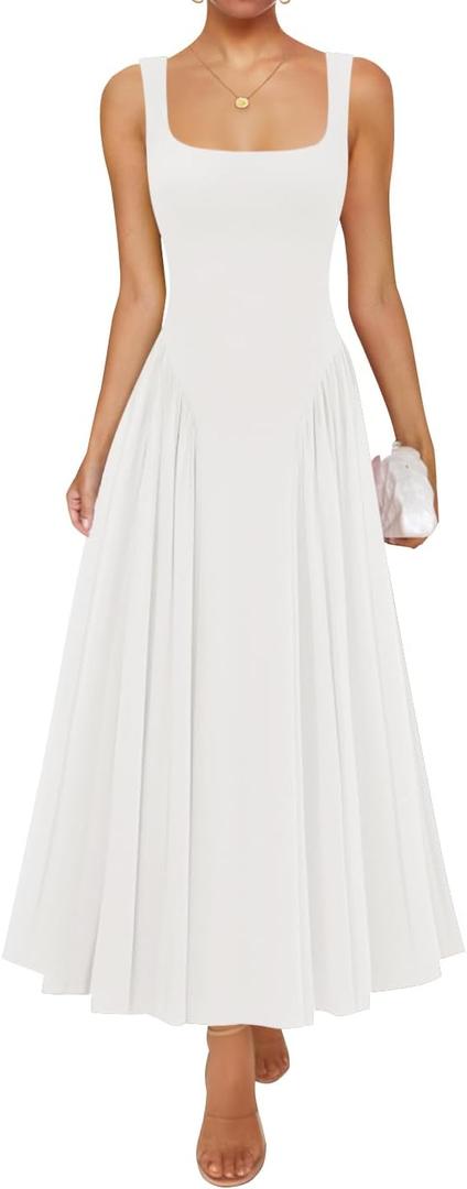ZESICA Womens Summer Sleeveless Square Neck Vacation Sundress (White, XS)