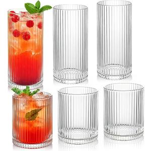 Ribbed Drinking Glasses 7 pcs, Glassware, Tumbler Glasses Cup Set for Wedding, Party, Christmas Gift, Clear