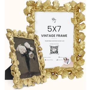 97 Decor Vintage Gold Picture Frames 5x7 - Fancy Gold Vintage Picture Frames 5x7, Cute Golden Ornate Frame 5 X 7, Decorative Antique Frame 5 By 7 For Tabletop And Wall Hanging, Antique Wall Decor (Ginkgo)