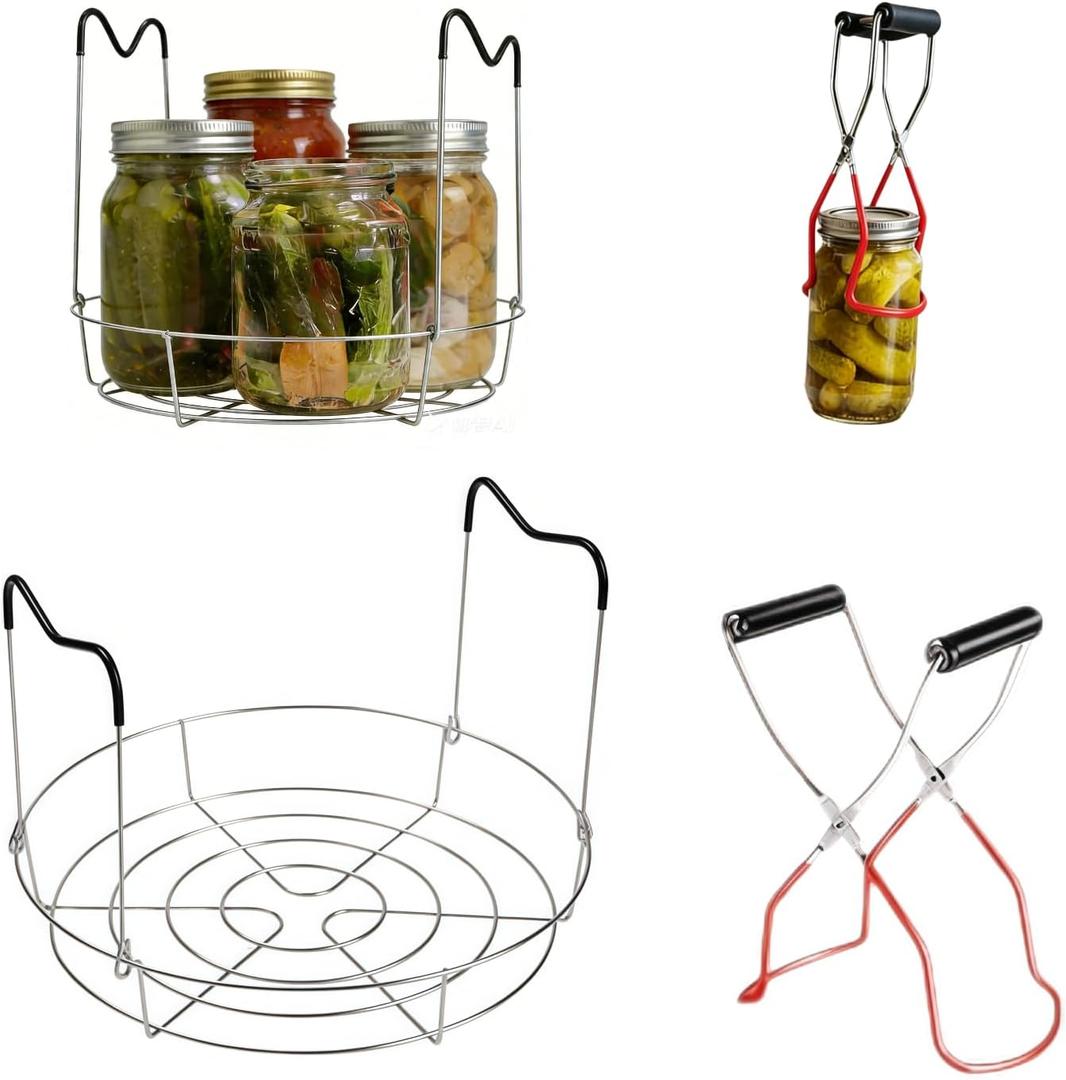 2PCS 11.4" Stainless Steel Canning Rack & Jar Lifter Tongs Set, Heat Resistant Handles Water Bath Canner Rack And Non-slip Jarring Kit for 6 Quart or 7 Pint Ball Jars in Pressure Canner Pot