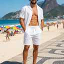 UOUA 2 Piece Short Sets for Men Summer Beach Outfits Stripe Texture Button Down Shirts & Shorts Casual Vacation Set (White, M)