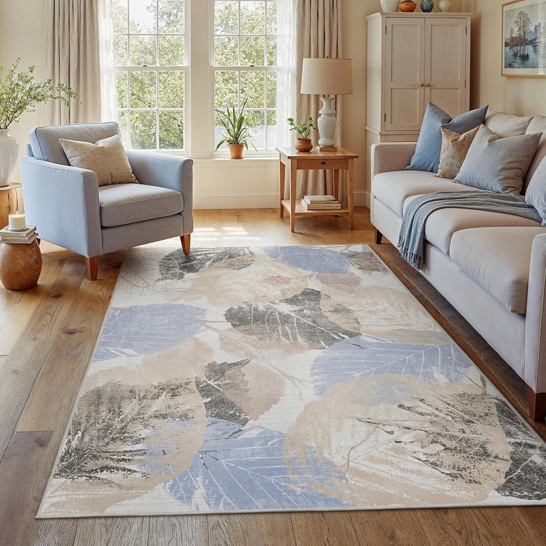 GENIMO Modern Botanical Area Rugs 5x7, Natural Leaf Pattern Indoor Living Room Rug, Ultra-Thin Washable Rug with Non Slip Backing, Print Low Pile Soft Carpet for Bedroom, Nursery, Blue/Beige