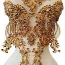 Handmade red/Blue/Gold/Green Rhinestones lace Bodice Applique Sewing Beads Crystal Trim Patches Accessory for Dress Clothes (Light Champagne)