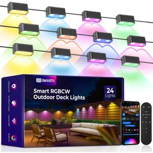 Outdoor Deck Lights 24 Packs, Smart RGBCW Fence Light, 100+ Scene Modes, Dual Lens LED String Lights with APP/Voice/Remote Control, IP65 Waterproof for Halloween Christmas Decor, 157ft Black
