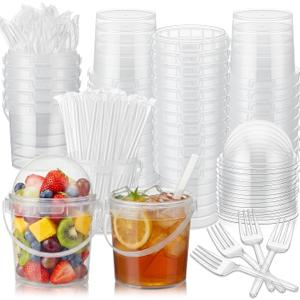 50 Pcs Bucket Cups Bulk Reusable Plastic Drink Buckets with Lids Dome Forks and Straws 32 oz Ice Cream Freezer Food Storage Containers for Popcorn Pail Outdoor Travel Beverage Party Picnic