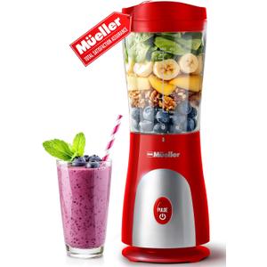 Mueller Smoothie Blender for Smoothies - Personal Blender for Shakes, Frozen Drinks, Baby Food & More, 15oz Travel Cup and Lid, Durable Stainless Steel Blades for Powerful Blending Performance, Red (Red)