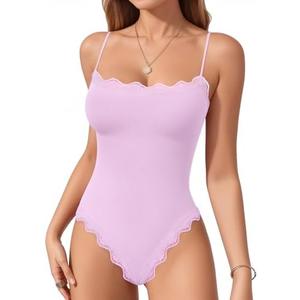 MANGOPOP Women's Cami Thong Bodysuit Double Lined Square Neck Backless Body Suit Adjustable Spaghetti Strap Tank Tops, M