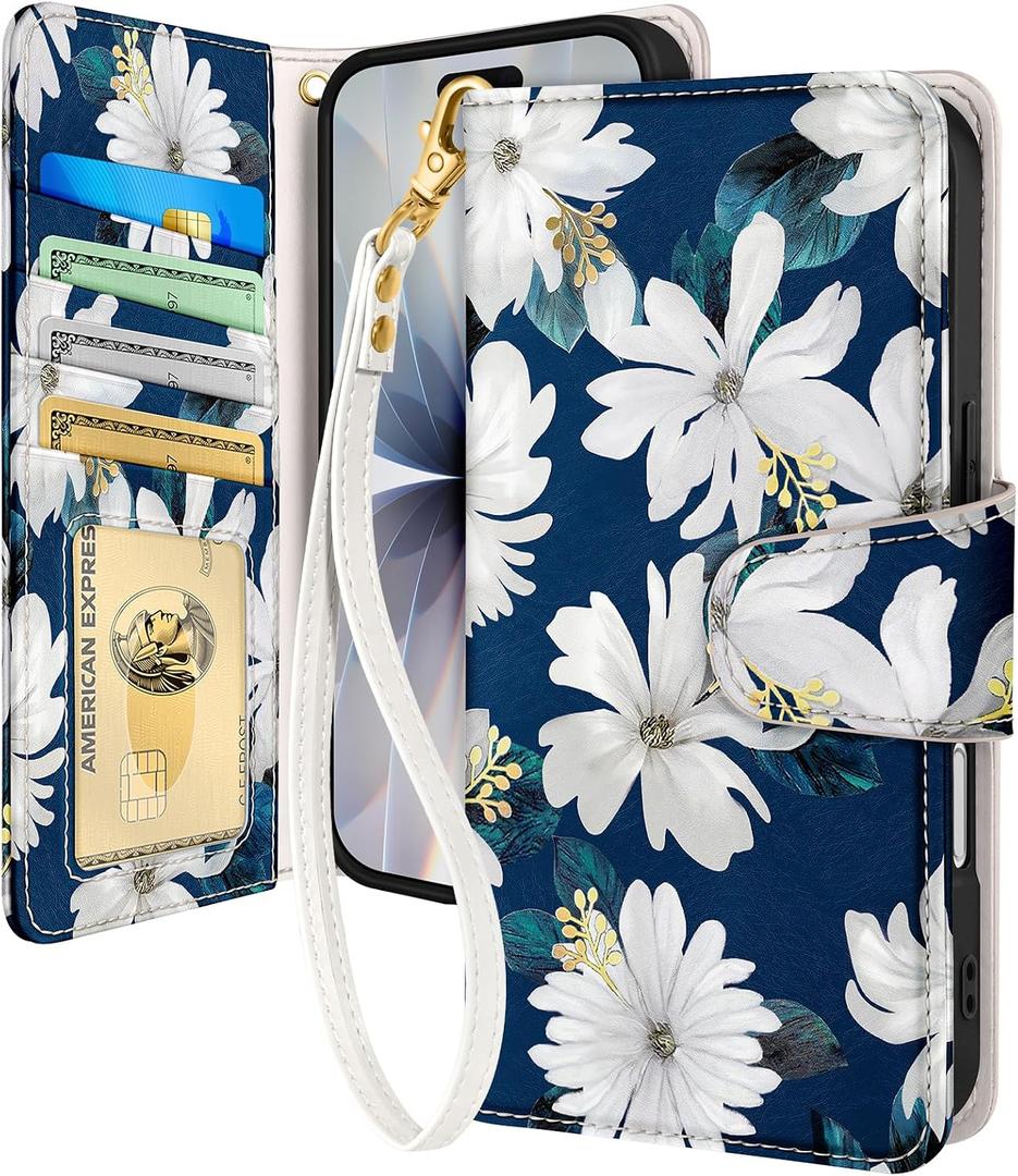 Toycamp for iPhone 17 Wallet Case with Wrist Strap - Leather Flip Folio Phone Case with RFID Blocking 4 Card Holder for Apple for iPhone 17 Funda Cute Aesthetic for Women Ladies, White Flower