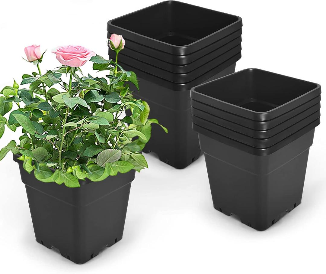 HOSTIC 5 Gallon Square Nursery Pots Flexible Plastic Pots for Plants Gallon Pot with Drainage Holes 10 Pcs (Black)
