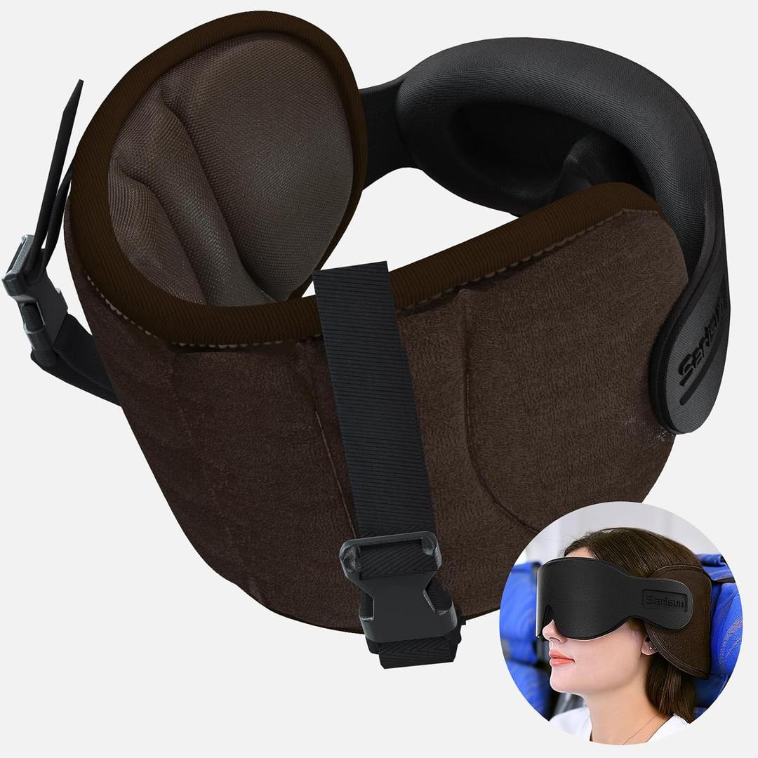 SARISUN Travel Pillows for Airplanes, Airplane Pillow with Eye Mask for Long Flight, Airplane Head Strap for Sleeping, 360 Support Headrest for Car Trip, Stop Bobblehead Travel Essential, Dark Brown, Airplane Seats with Headrest