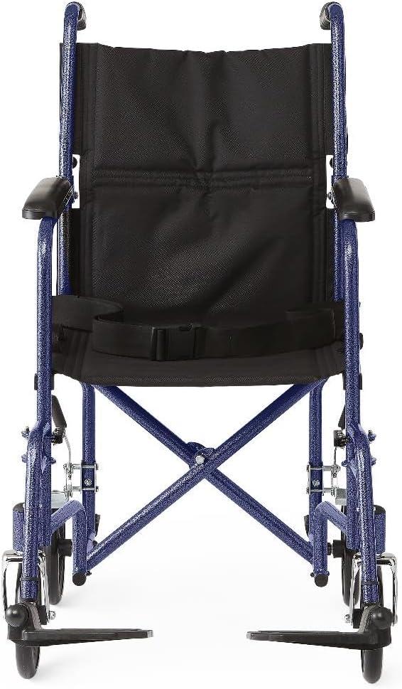 Medline Steel Transport Chair, Folding Transport Wheelchair, Removable Swing-Away Footrests, Full-Length Armrests, 19" Seat, 250 lb. Capacity, Blue