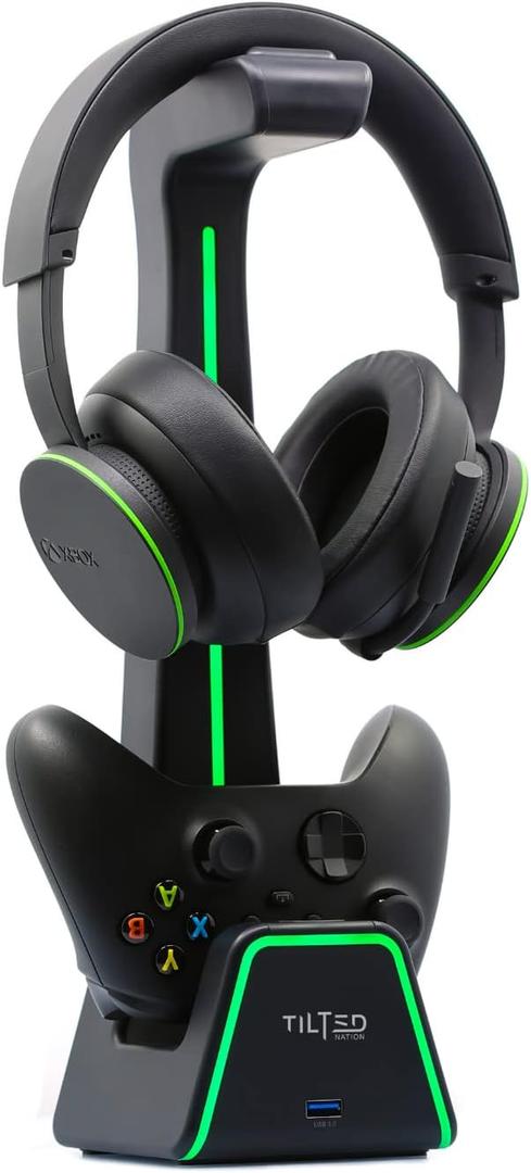 Tilted Nation 3 in 1 Gaming Headset and Controller Stand for PS5 and Xbox Series X Charging Station - Game Controller Holder and Headphone Stand for Desk with PlayStation and Xbox Magnetic Charger (Black)
