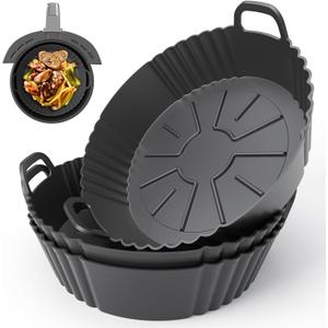 Round Silicone Air Fryer Liners 3Pack, Ninja AF101 & AF161 Silicone Liners for 4-5.3QT, Reusable Air Fryer Accessories Food Grade Liners, Compatible with Ninja, COSORI, Tefal, Bear, Chefman (Black)