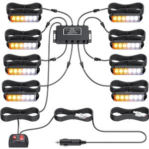 Justech 8PCS 6LED Surface Mount Strobe Lights Kit for Trucks, 30 Flash Modes Amber White Grill Grille Emergency Warning Flashing Hazard Lights Assemblies IP65 Waterproof for Vehicles ATV RV Cars Van