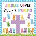 2 x Easter Christian Bulletin Board Set Jesus Loves All His Classroom Decorations Bunny Cross Eggs Religious Bulletin Board Cutouts for Easter Spring Sunday School Church Chalkboard Decor Supplies