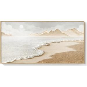 Framed Boho Coastal Beach Wall Art for Living Room, Extra Large Neutral Ocean Canvas Artworks for Walls, Horizontal Abstract Minimalist Coastal Art Print for Bedroom Kitchen Office Walls, 30x60 Inch