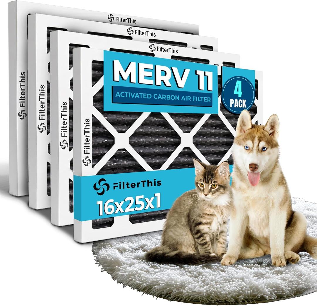 16x25x1 Air Filter MERV 11 Activated Carbon Pet Dander & Dust Defense, Pollen, Smoke, Allergy Protection Electrostatic Pleated HVAC AC Furnace Filter Replacement (4-Pack)