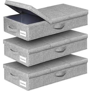 punemi Under Bed Storage Containers, 3 Pcs Large Blanket Clothes Storage Bag, Long Flat Firm Sides Underbed Organization And Storage w/ 3 Handles & Lid For Comforter Toy Closet, 31.1*15.7*6 inch Tall (Grey-3 Pack)