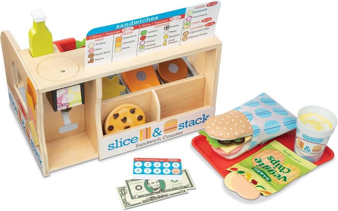 Melissa & Doug Slice-Stack-Serve, Wooden Sandwich Counter Pretend Play Store with Play Food Toys, Play Money & Deli Slicer, Preschool Toys for Kids 3+