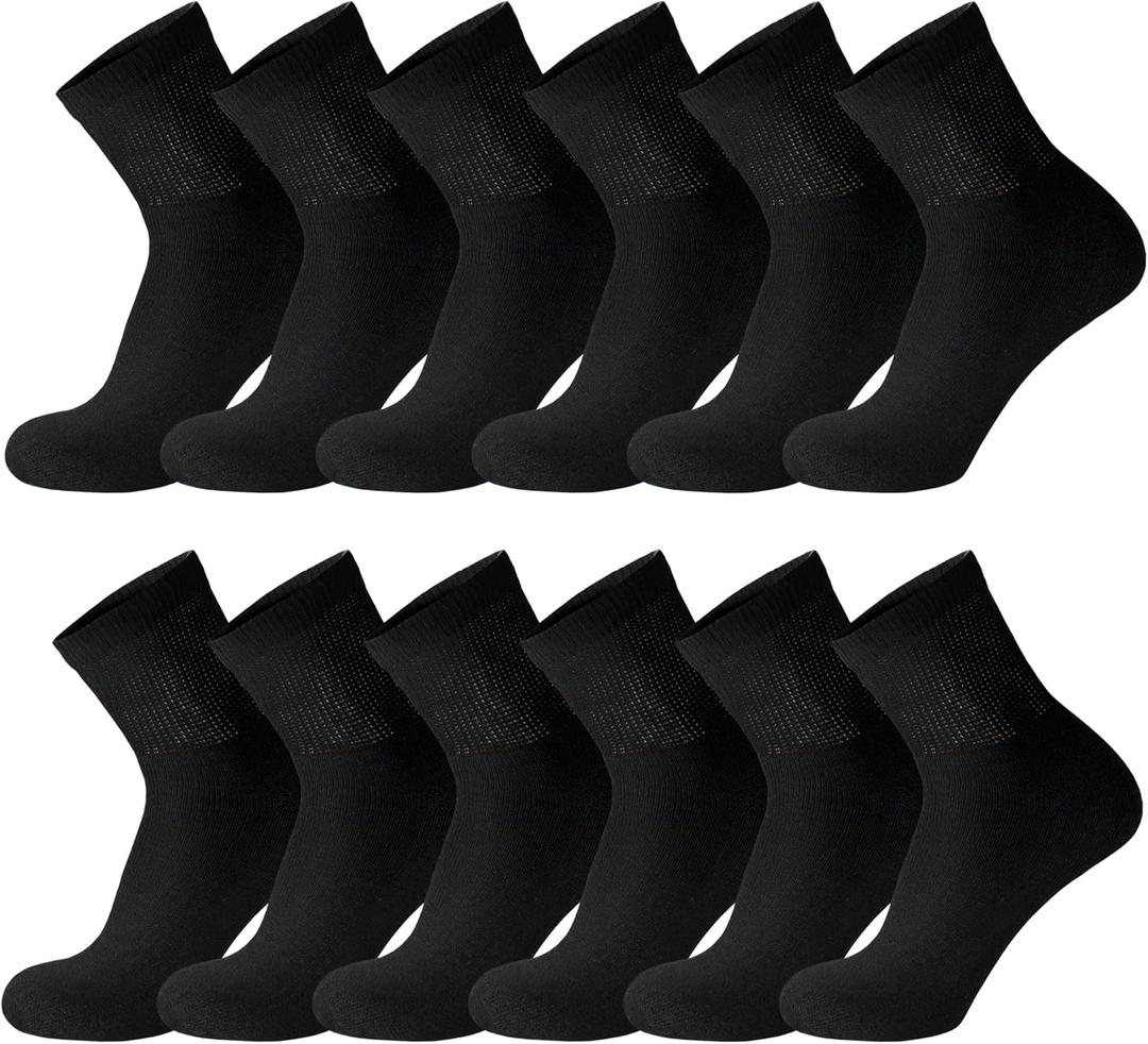 Cotton Diabetic Neuropathy Quarter Socks, Non-Binding Ankle Socks, Multipack (13-16, Black - 12 Pairs)